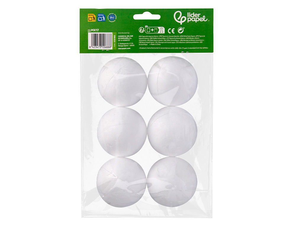FORME LIDERPAPEL MOUSSE POLYSTYRENE BOULES DIAMETRE 7CM COLORIS BLANC SACHET 6 UNITES