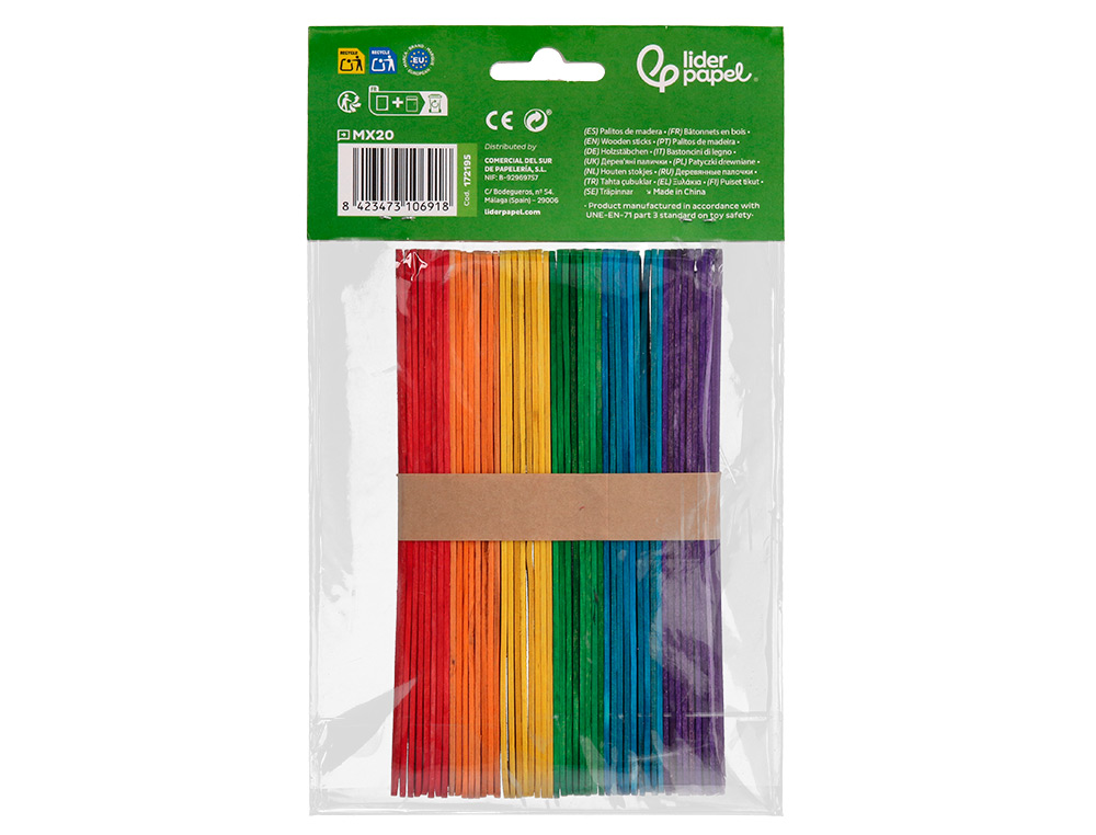 BATONNETS LIDERPAPEL BOIS DIM. 15X1,8CM COLORIS         ASSORTIS SACHET 50 UNITES
