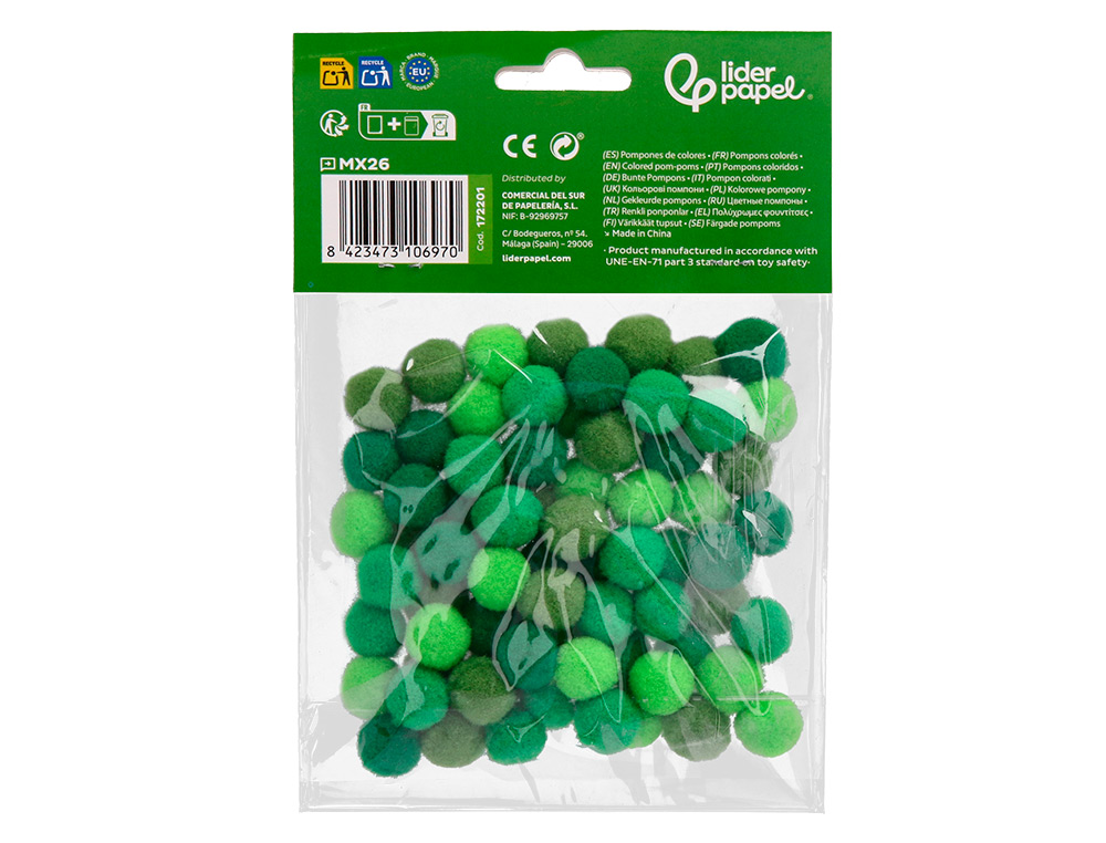 POMPONS DE COULEUR LIDERPAPEL DIAMETRE 1,5CM COLORIS        NUANCES VERT ASSORTIS SACHET  80 UNITES