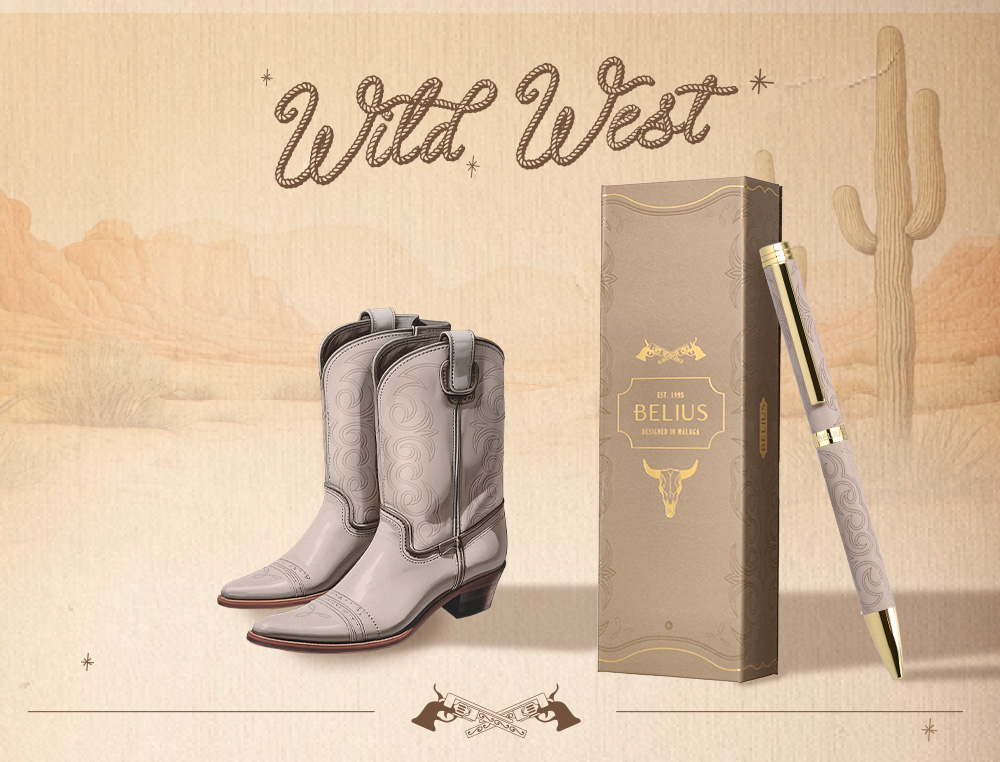STYLO-BILLE BELIUS WILD WEST ALUMINIUM ENCRE BLEUE ATTRIBUTS DORES COLORIS BEIGE COFFRET DESIGN