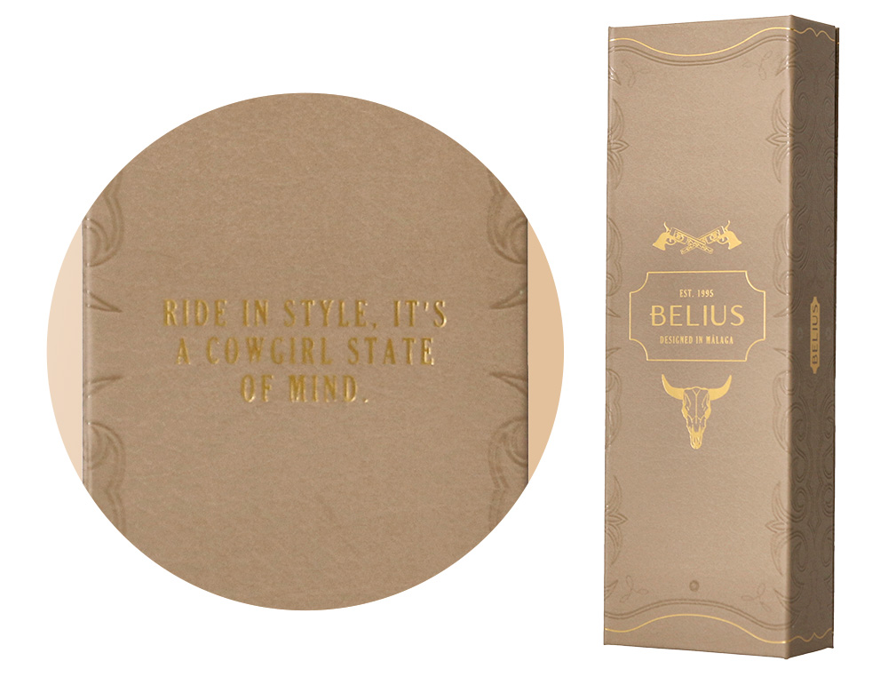 STYLO-BILLE BELIUS WILD WEST ALUMINIUM ENCRE BLEUE ATTRIBUTS DORES COLORIS BEIGE COFFRET DESIGN