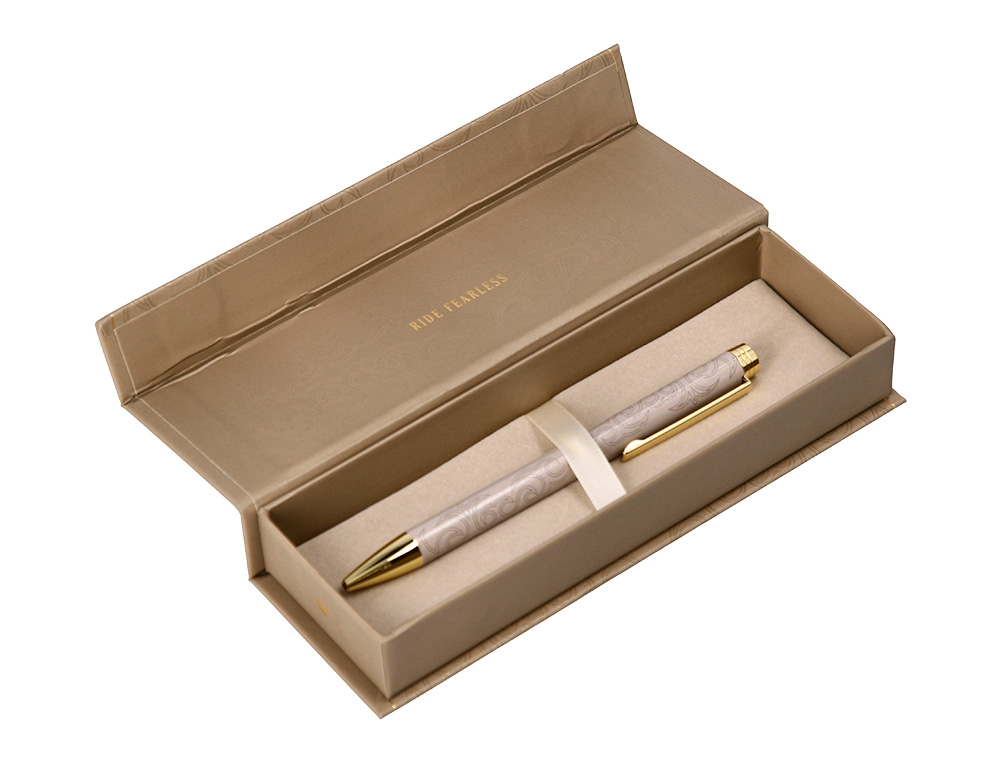 STYLO-BILLE BELIUS WILD WEST ALUMINIUM ENCRE BLEUE ATTRIBUTS DORES COLORIS BEIGE COFFRET DESIGN