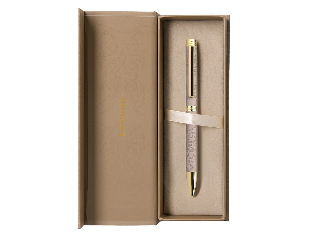 STYLO-BILLE BELIUS WILD WEST ALUMINIUM ENCRE BLEUE ATTRIBUTS DORES COLORIS BEIGE COFFRET DESIGN