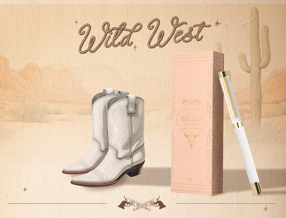 STYLO-BILLE BELIUS WILD WEST ALUMINIUM ENCRE NOIRE ATTRIBUTS DORES COLORIS CREME COFFRET DESIGN