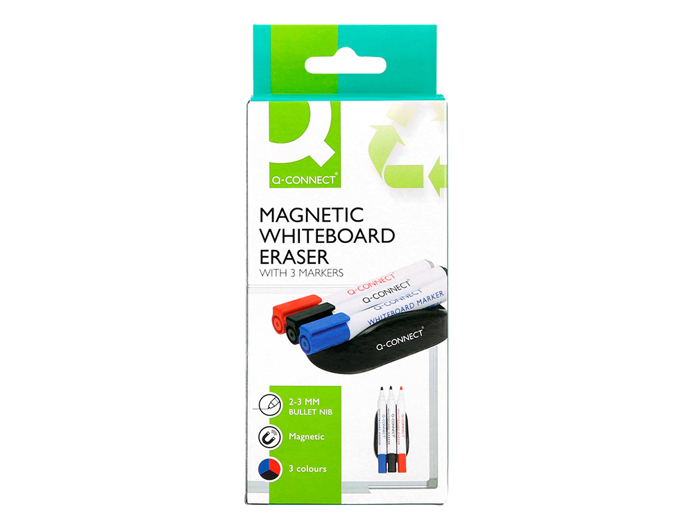 EFFACEUR Q-CONNECT MAGNETIQUE POUR TABLEAU BLANC AVEC 3     MARQUEURS BLEU / NOIR / ROUGE