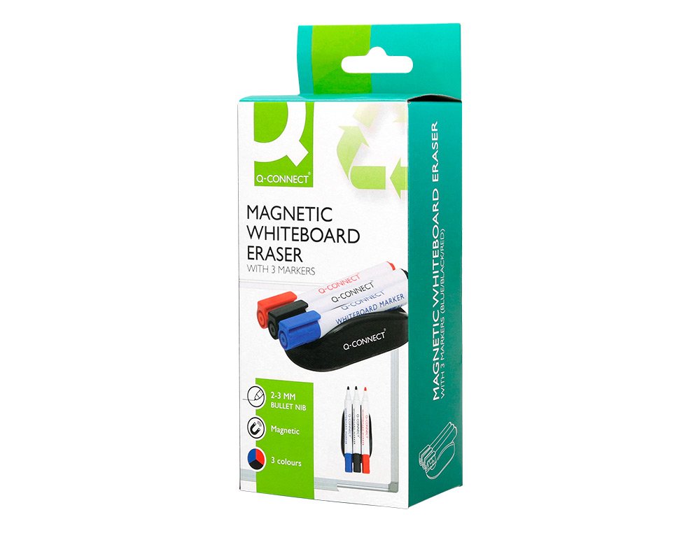 EFFACEUR Q-CONNECT MAGNETIQUE POUR TABLEAU BLANC AVEC 3     MARQUEURS BLEU / NOIR / ROUGE