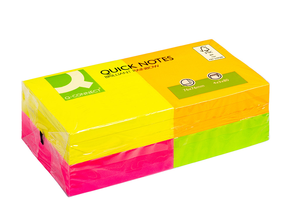 BLOC-NOTES Q-CONNECT QUICK NOTES COULEURS NÉON RAINBOW 76X76MM 80F REPOSITIONNABLES ROSE/ORANGE/VERT/JAUNE 12 BLOCS