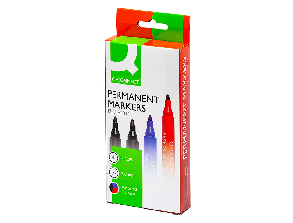 MARQUEUR Q-CONNECT PERMANENT POINTE OGIVE TRAC 3MM RSISTANTE CORPS PLASTIQUE POCHETTE 4 UNITS