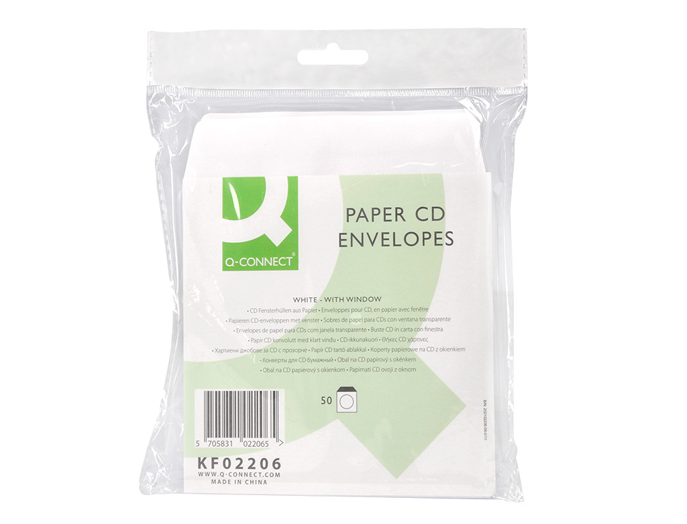 POCHETTE CD/DVD Q-CONNECT PAPIER FENTRE RABAT AUTO-ADHSIF COLORIS BLANC PAQUET 50 UNITS