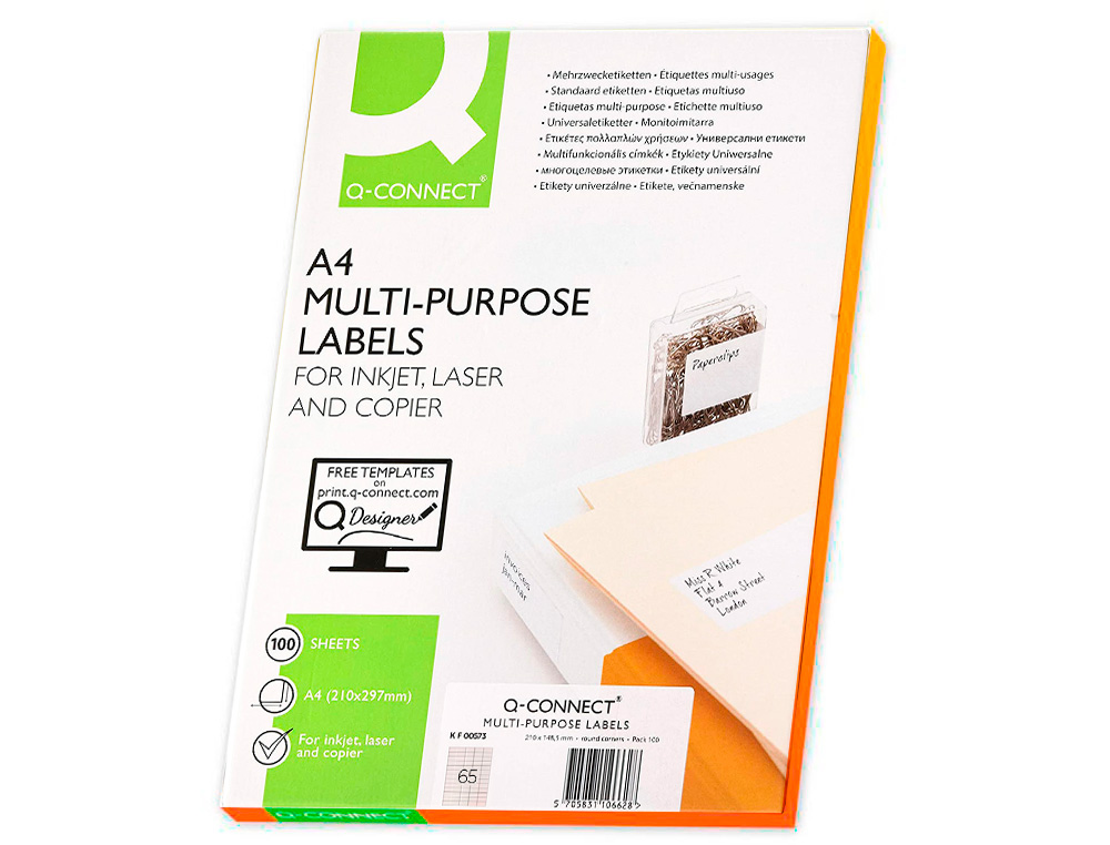 TIQUETTE ADHSIVE Q-CONNECT 38.1X21.2MM COINS ARRONDIS IMPRIMANTE JET D'ENCRE LASER COPIEUR 100 FEUILLES 6500 UNITS