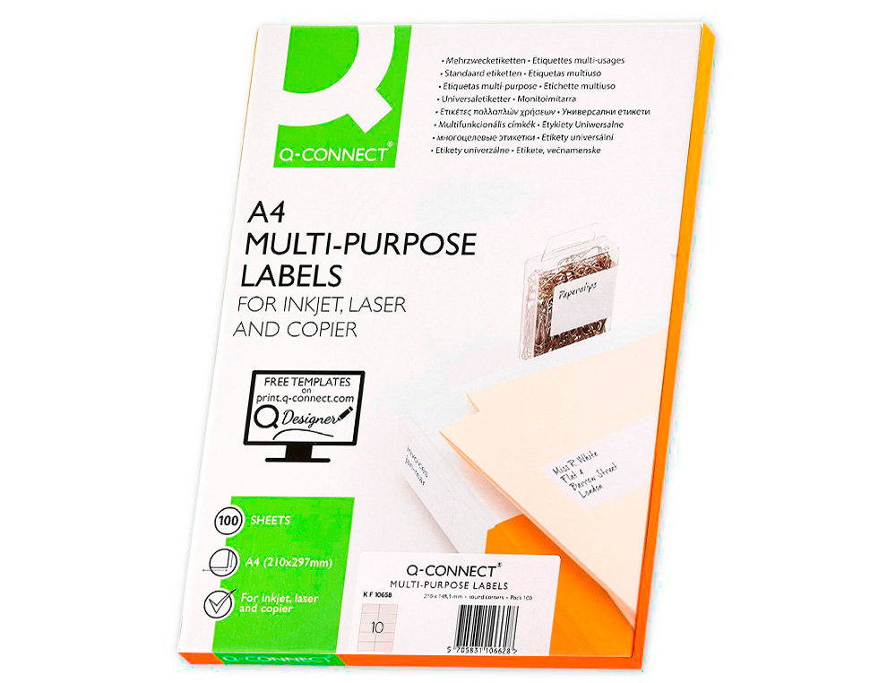 TIQUETTE ADHSIVE Q-CONNECT 105X57MM COINS DROITS IMPRIMANTE JET D'ENCRE LASER COPIEUR BOTE 100 FEUILLES 1000 UNITS