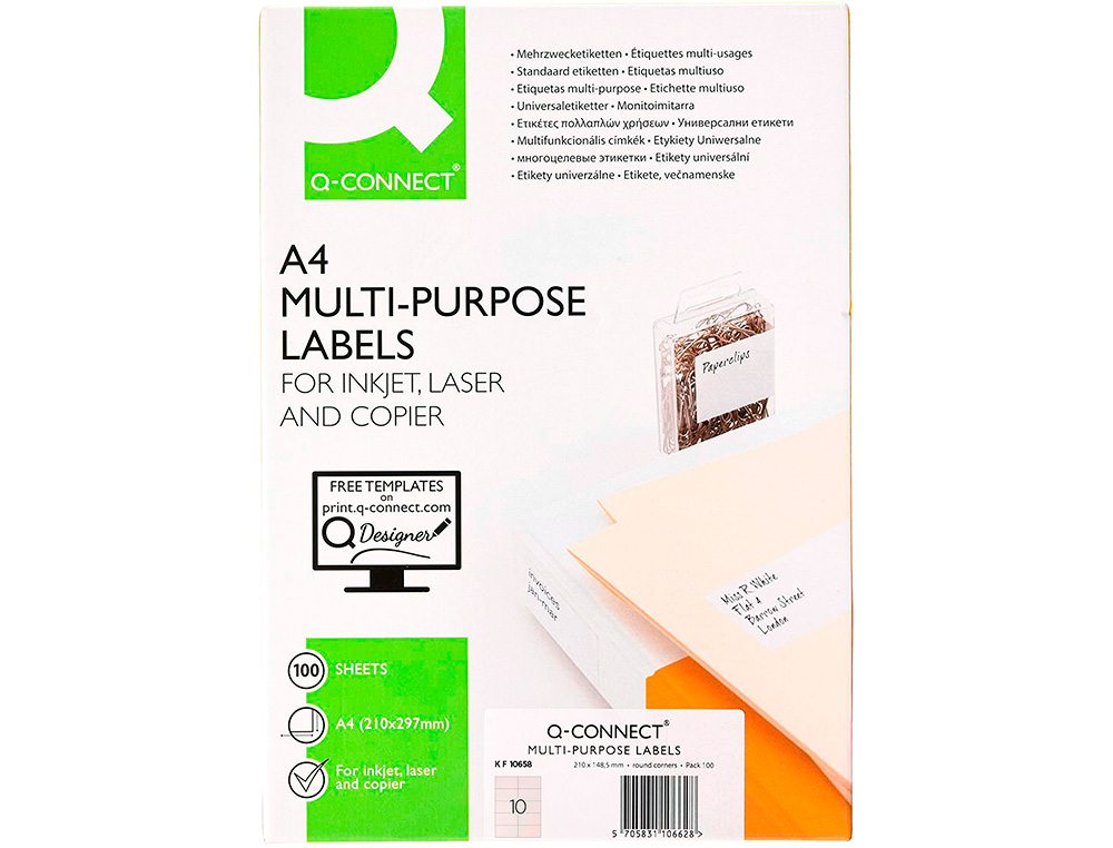 TIQUETTE ADHSIVE Q-CONNECT 105X57MM COINS DROITS IMPRIMANTE JET D'ENCRE LASER COPIEUR BOTE 100 FEUILLES 1000 UNITS