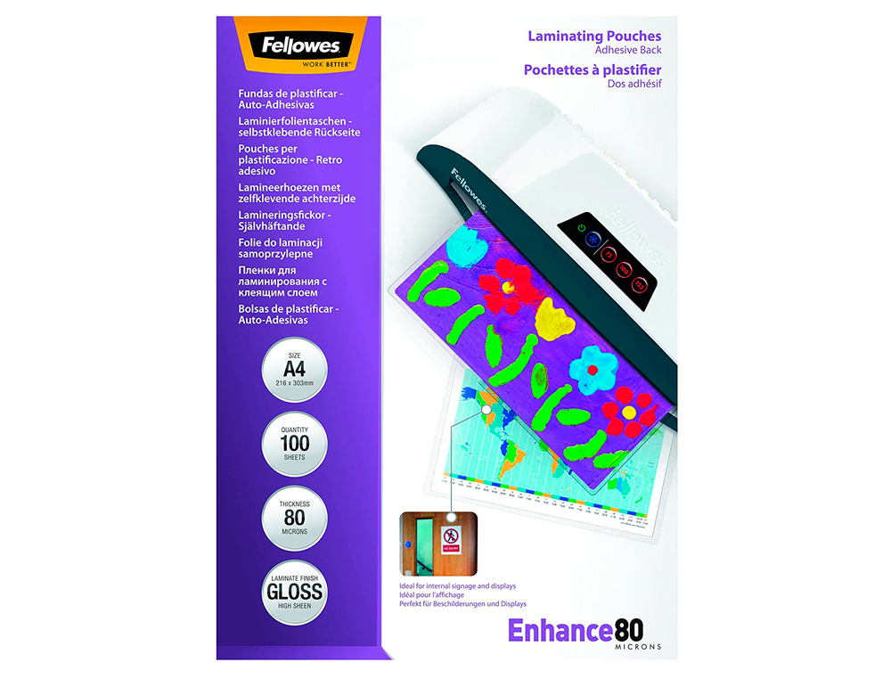 POCHETTE PLASTIFICATION FELLOWES À CHAUD POLYESTER TRANSPARENT RÉSISTANT EAU FORMAT A4 80 MICRONS DOS ADHÉSIF BOÎTE 100U