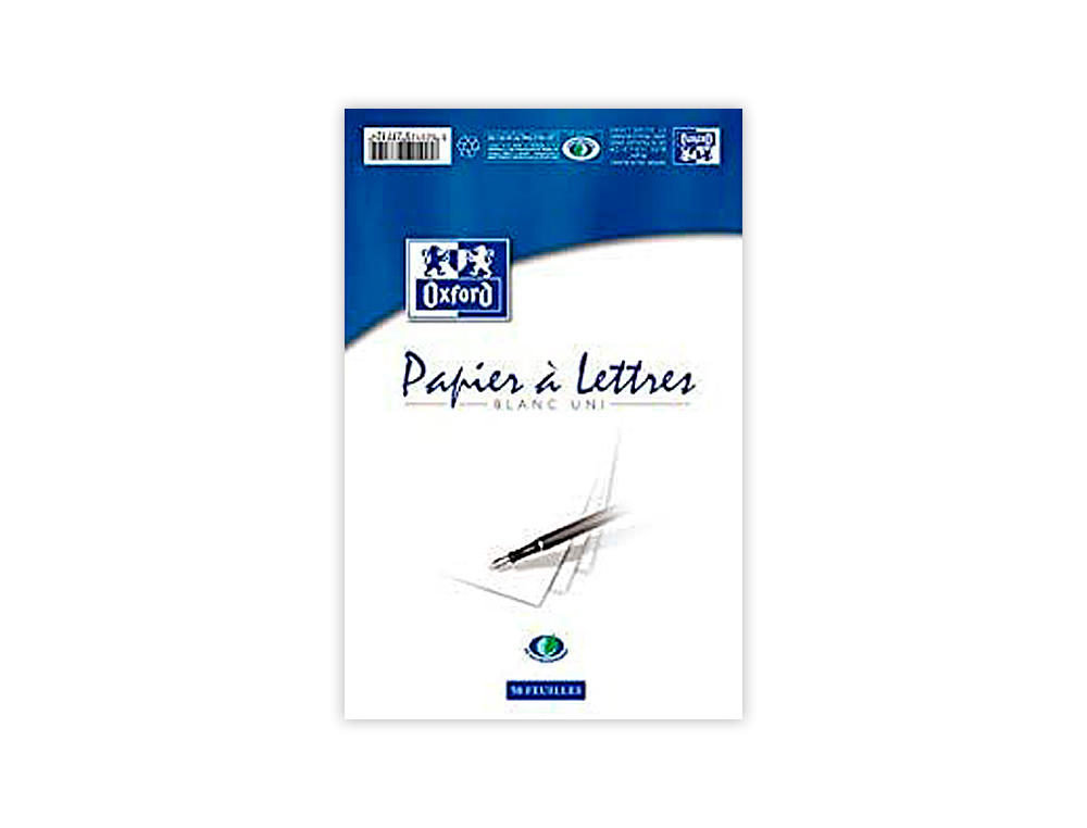 BLOC CORRESPONDANCE OXFORD PAPIER VLIN SUPRIEUR 80G/M2 A4 210X297MM UNI BUVARD ET GUIDE LIGNE 50 FEUILLES