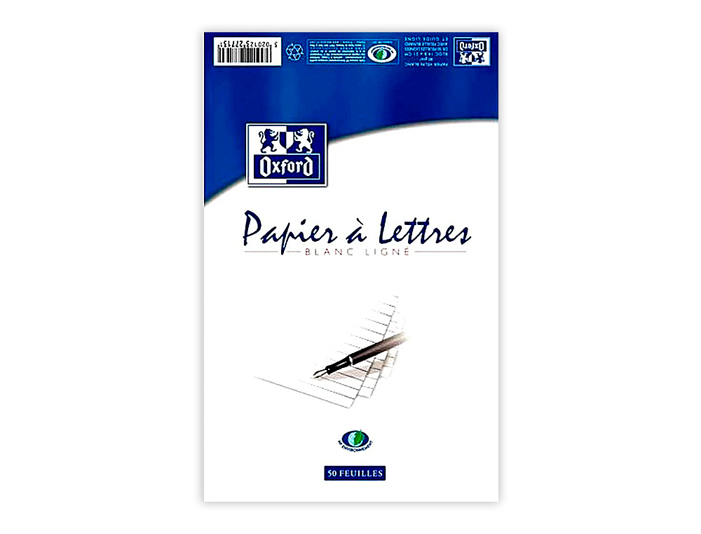 BLOC CORRESPONDANCE OXFORD PAPIER VÉLIN SUPÉRIEUR 80G/M2 A5 148X210MM TRAVERS BUVARD ET GUIDE LIGNE 50 FEUILLES