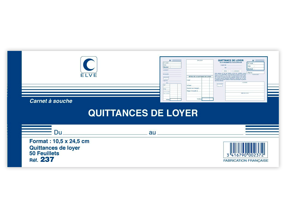 CARNET  SOUCHE ELVE QUITTANCES LOYER 10,5X27CM 50 FEUILLETS 70G PAPIER CHQUE AMAGNTIQUE