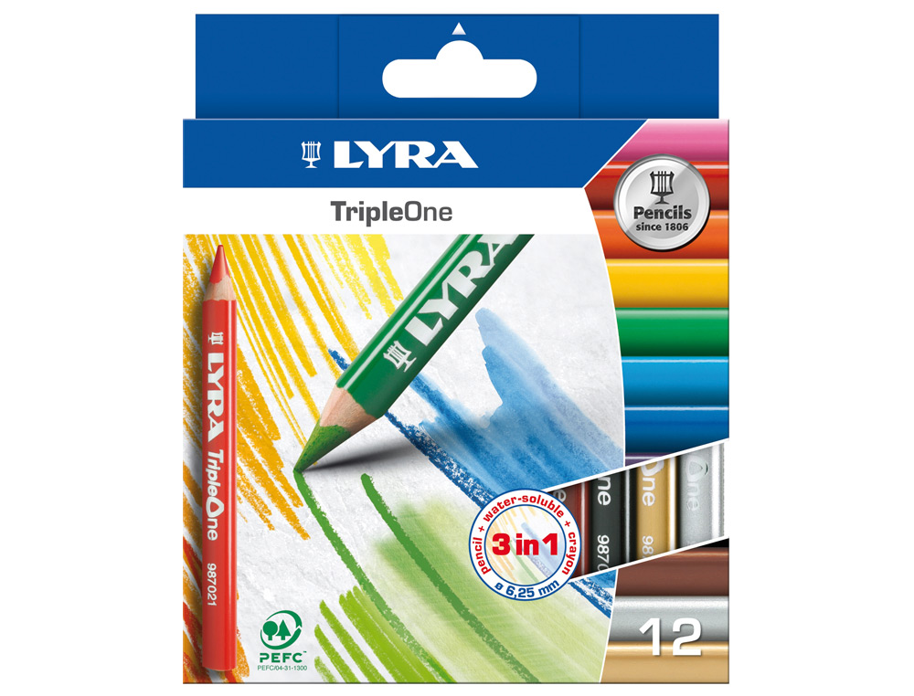 CRAYON COULEUR LYRA TRIPLE ONE 3EN1 TRIANGULAIRE AQUARELLABLE 120MM CRAIE GRASSE MINE 6.25MM DIAMTRE TUI CARTON 12U