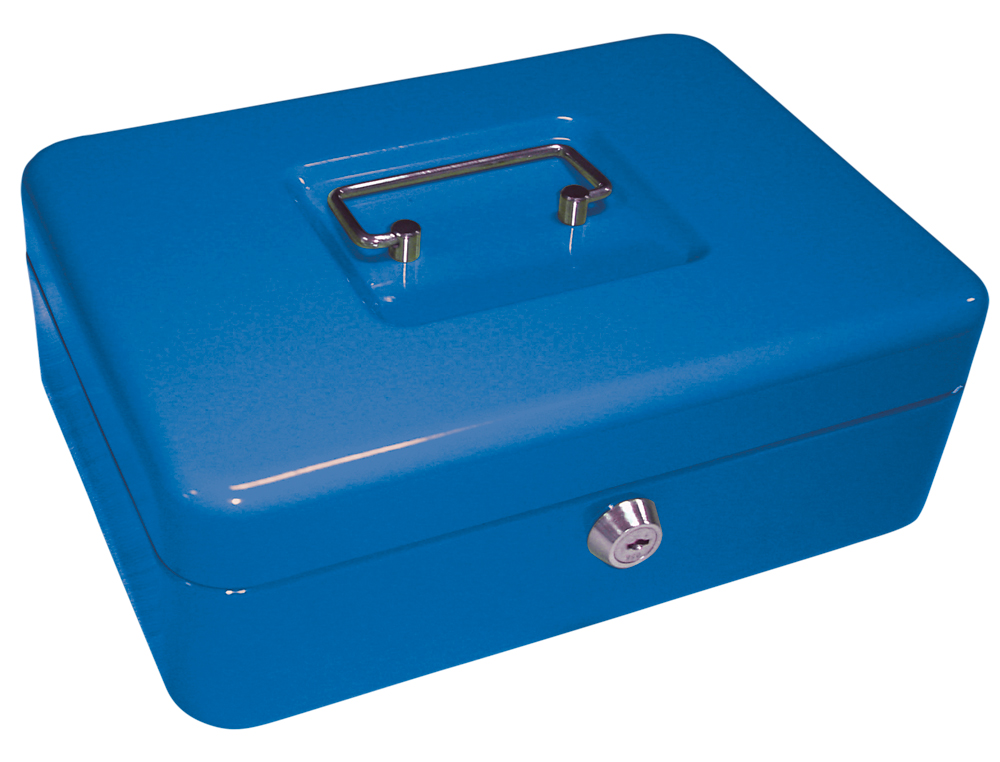 CAISSE MONNAIE Q-CONNECT STRUCTURE ACIER 0.8MM PAISSEUR PLATEAU AMOVIBLE ESPACE BILLETS 250X180X90MM COLORIS BLEU