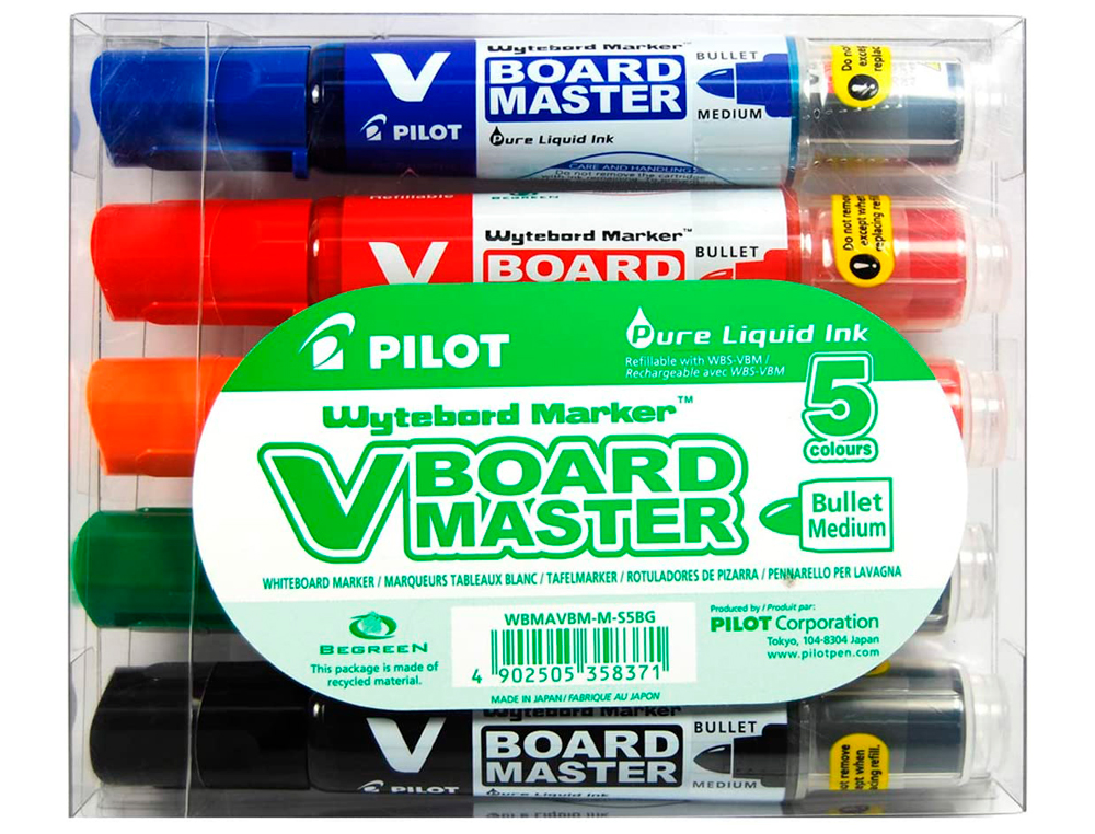 MARQUEUR PILOT V BOARD MASTER RECHARGEABLE POINTE OGIVE TRAC 2MM ENCRE LIQUIDE BASE ALCOOL COULEUR VIVE POCHETTE 5U