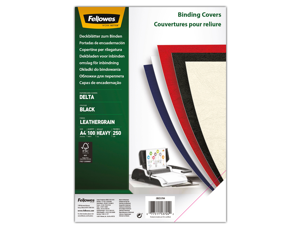 COUVERTURE FELLOWES GRAIN CUIR 250G FORMAT A4 COLORIS NOIR PAQUET 100 UNITS
