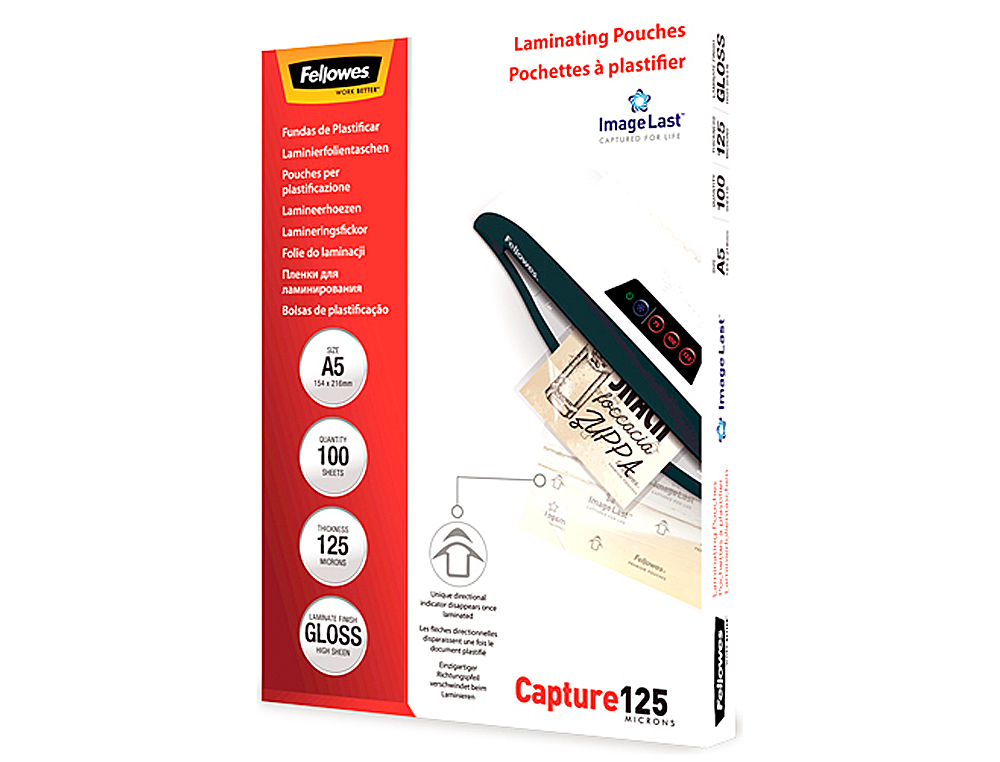 POCHETTE PLASTIFICATION FELLOWES  CHAUD POLYESTER TRANSPARENT RSISTANT EAU FORMAT A5 125 MICRONS BOTE 100 UNITS