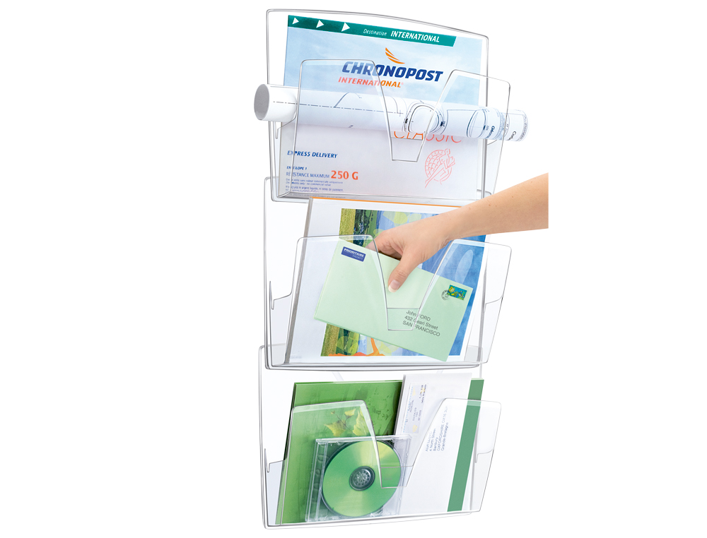 CORBEILLE MURALE CEP 3 CASES POLYSTYRNE OUVERTURE PRHENSION EN V DIMENSIONS CASE 361X86X270MM CRISTAL