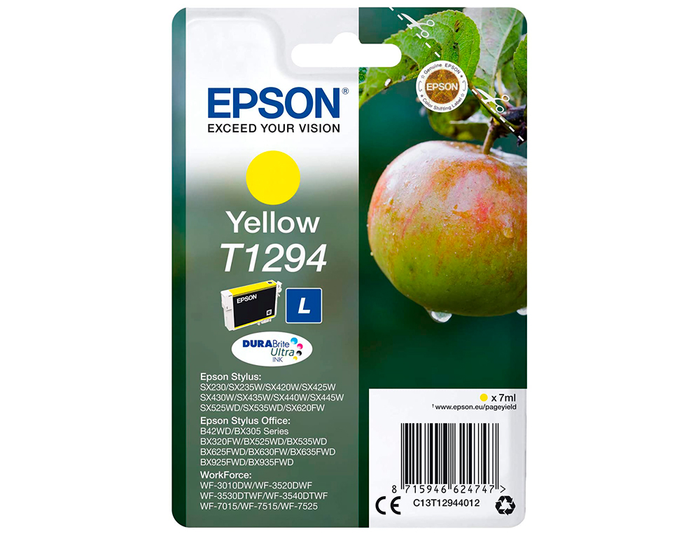 CARTOUCHE EPSON T1294 JET D'ENCRE C13T12944011 COULEUR JAUNE 500P
