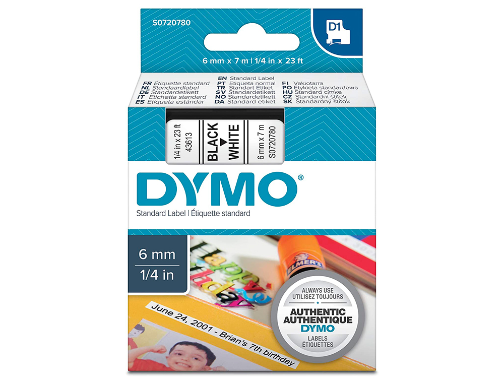 RUBAN TITREUSE DYMO D1 6MMX7M COLORIS IMPRESSION NOIR/BLANC
