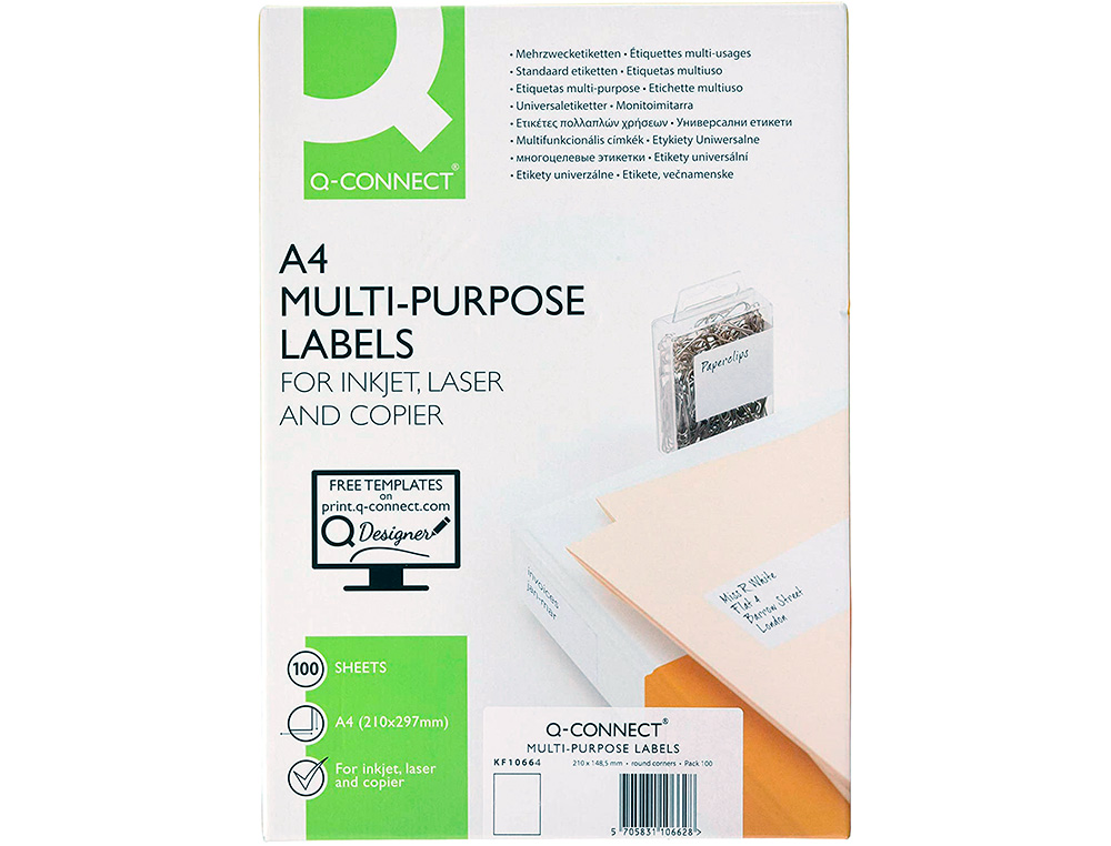 TIQUETTE ADHSIVE Q-CONNECT 210X297MM COINS ARRONDIS IMPRIMANTE JET D'ENCRE LASER COPIEUR BOTE 100 FEUILLES 100 UNITS