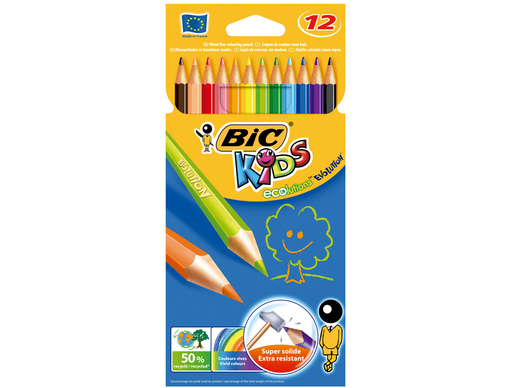 CRAYON COULEUR BIC KIDS EVOLUTION RSINE SYNTHSE 175MM MINE RSISTANTE RSISTE MORDILLAGE TUI CARTON 12 UNITS