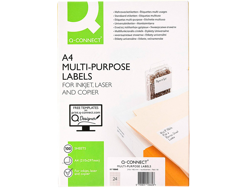 TIQUETTE ADHSIVE Q-CONNECT 70X35MM COINS DROITS IMPRIMANTE JET D'ENCRE LASER COPIEUR BOTE 100 FEUILLES 2400 UNITS
