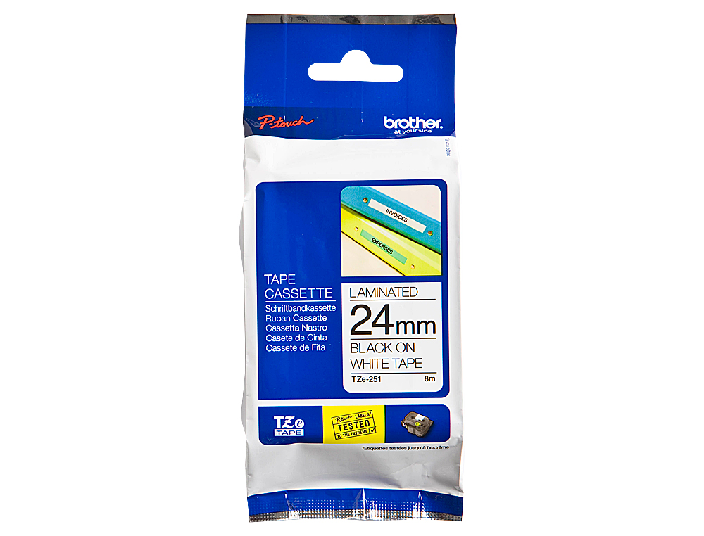 RUBAN LAMIN TZE POUR TITREUSE BROTHER P-TOUCH TZE251 24MM COLORIS IMPRESSION NOIR/BLANC