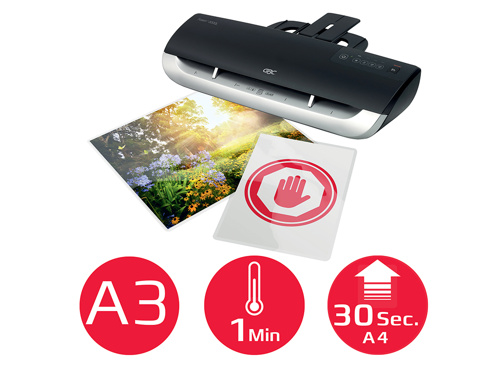 PLASTIFIEUSE GBC FUSION 3000L  CHAUD A3 75/125MC BUTE RGLABLE PLATEAU SORTIE ALERTE SONORE COMPACT USAGE FRQUENT