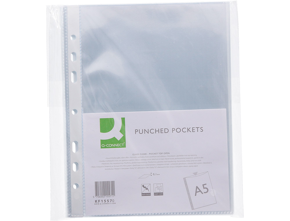 POCHETTE Q-CONNECT POLYPROPYLNE 10/100E PERFORE OUVERTURE DESSUS A5 148X210MM SACHET 100 UNITS