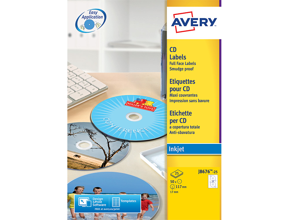 TIQUETTE ADHSIVE CD AVERY DIAMTRE 117MM JET ENCRE MAXI COUVRANTE POCHETTE 50 UNITS