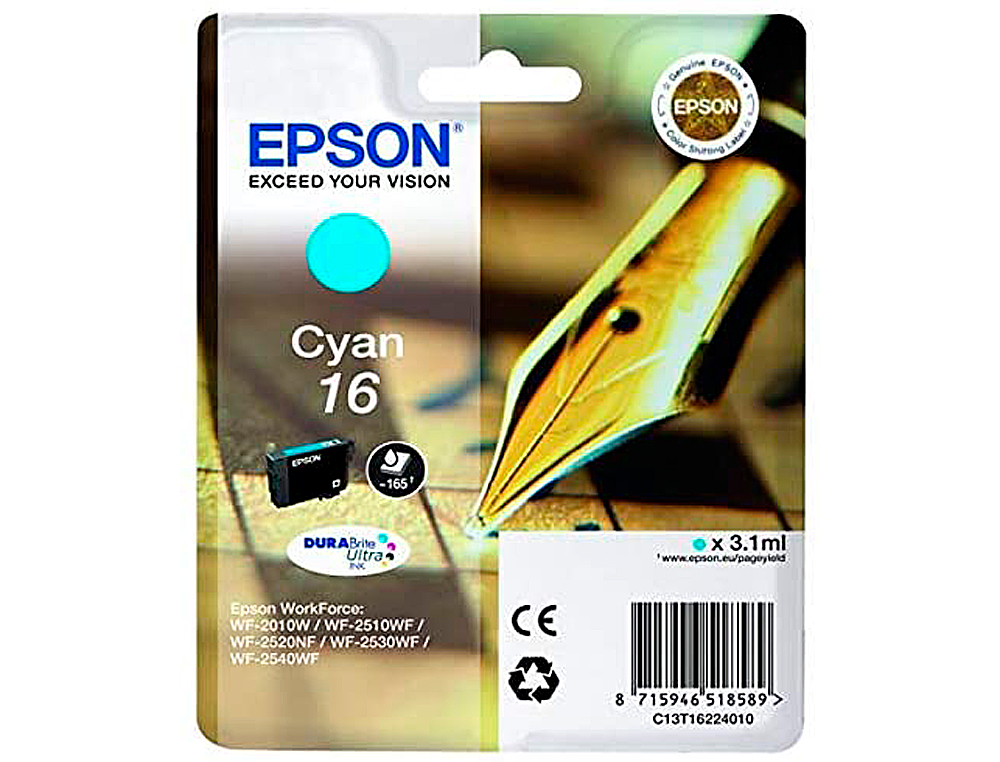 CARTOUCHE EPSON T1622 JET D'ENCRE C13T16224010 COULEUR CYAN 165P