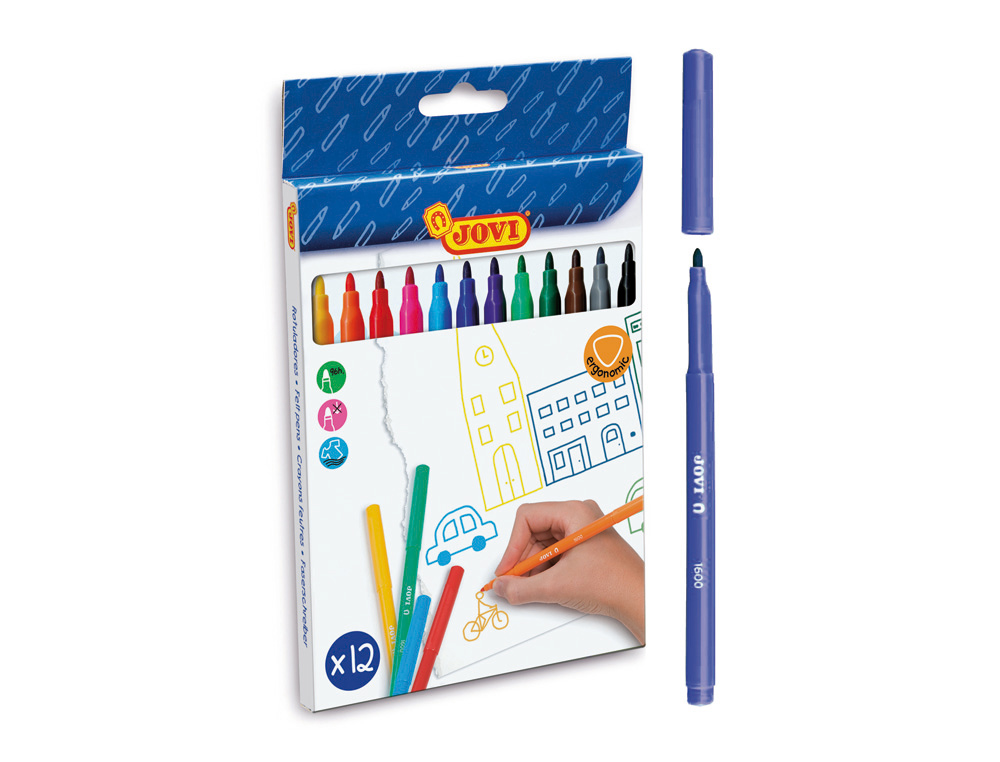 FEUTRE COLORIAGE JOVI LAVABLE CAPUCHON SCURIT VENTIL POINTE SOLIDE 3MM 2 FORMATS FINE/MAXI POCHETTE 12 UNITS