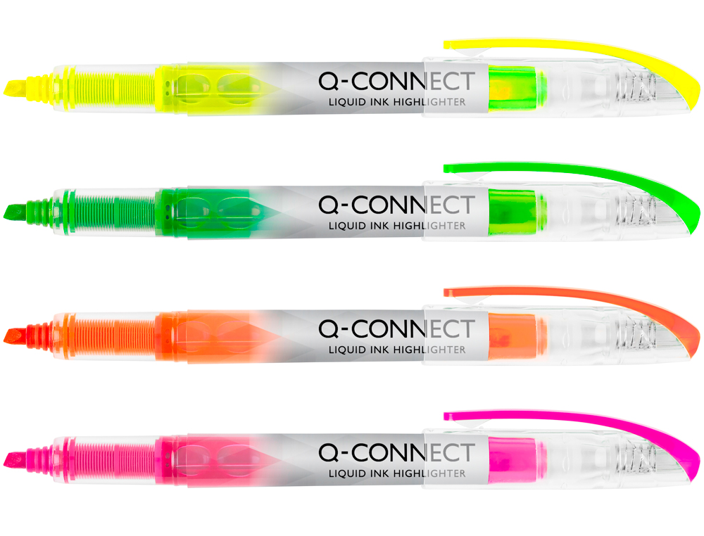 SURLIGNEUR Q-CONNECT SLIM LIQUID INK NON RECHARGEABLE POINTE BISEAUTE COULEURS ASSORTIES POCHETTE 4U
