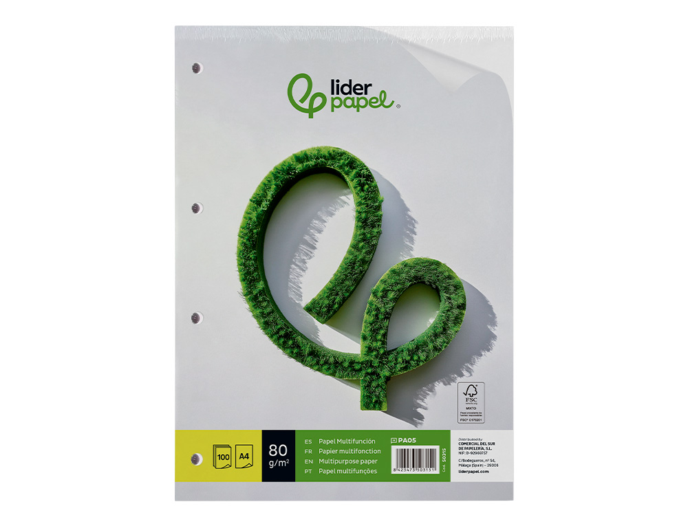 PAPIER CRITURE LIDERPAPEL A4 210X297MM BLANCHEUR EXTRA OPACIT 80G/M2 PAQUET 100 FEUILLES 4 TROUS