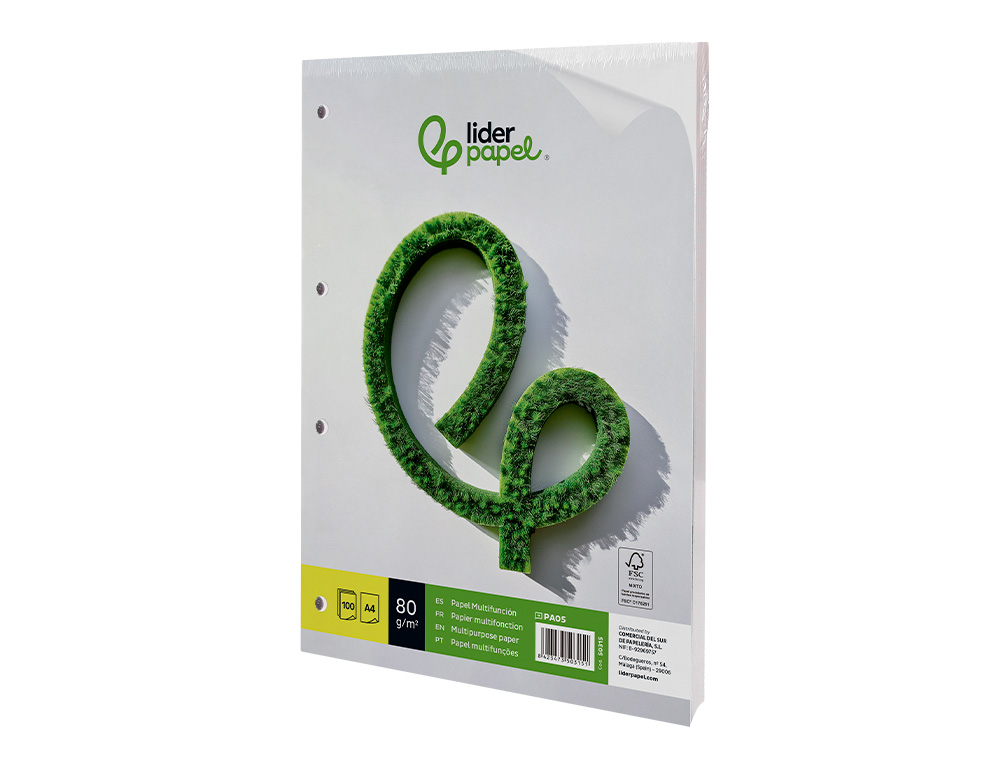 PAPIER CRITURE LIDERPAPEL A4 210X297MM BLANCHEUR EXTRA OPACIT 80G/M2 PAQUET 100 FEUILLES 4 TROUS