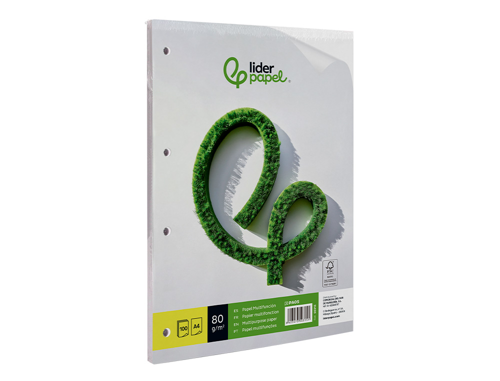 PAPIER CRITURE LIDERPAPEL A4 210X297MM BLANCHEUR EXTRA OPACIT 80G/M2 PAQUET 100 FEUILLES 4 TROUS