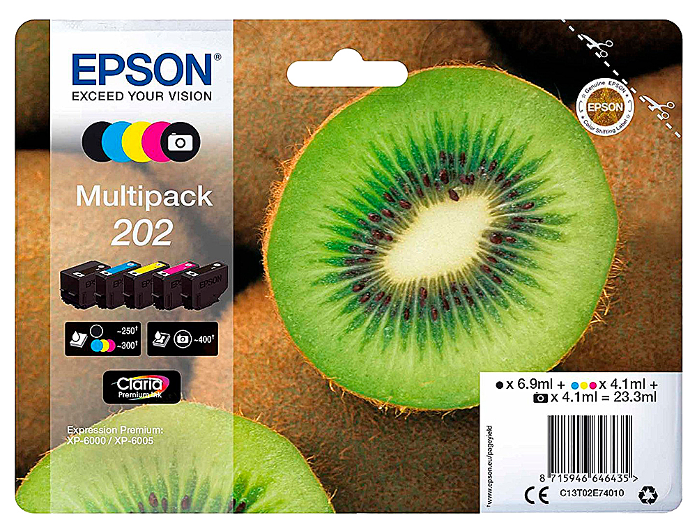 CARTOUCHE EPSON JET D'ENCRE 202 PHOTO MULTIPACK XL 5      COULEURS NOIR JAUNE CYAN      MAGENTA NOIR 650P