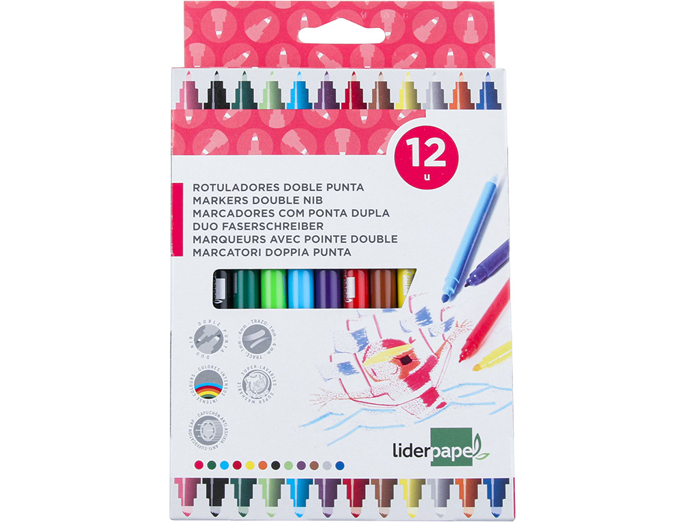FEUTRE COLORIAGE LIDERPAPEL DUO 2 POINTES FIBRE 5MM ET 2.5MM LONGUEUR ÉCRITURE 800M BOÎTE CARTON 12 UNITÉS