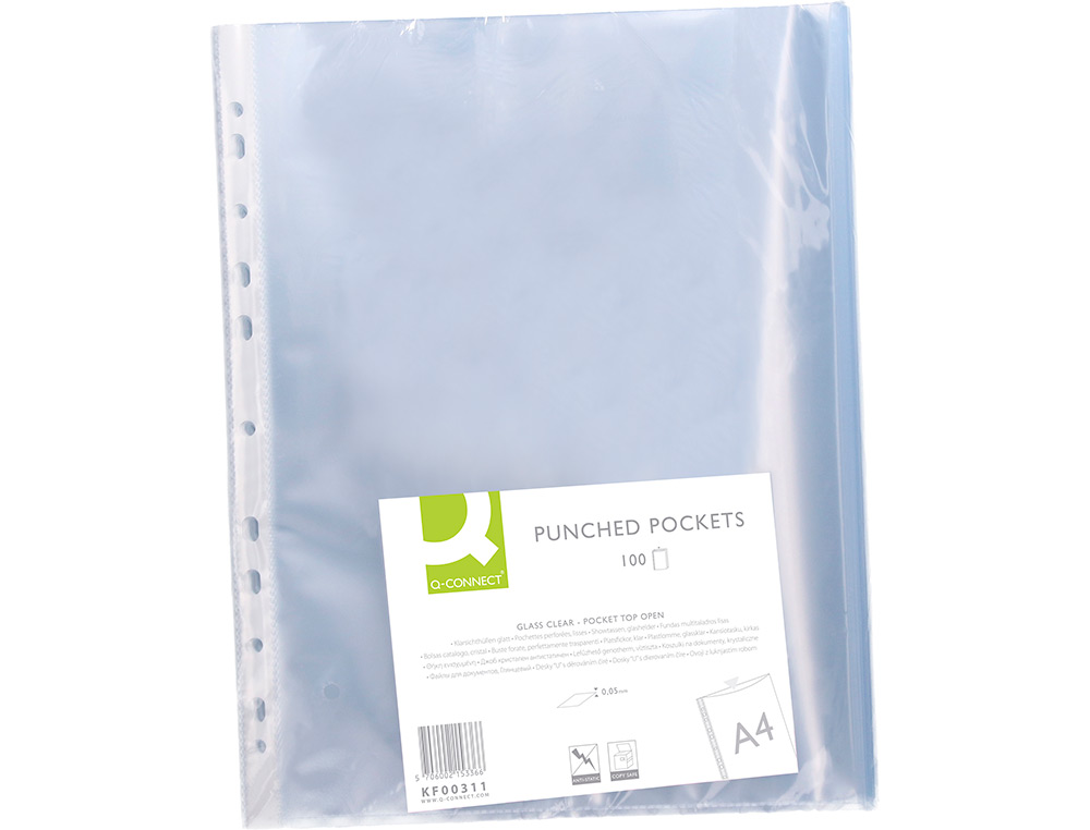 POCHETTE Q-CONNECT POLYPROYLNE LISSE 5/100E PERFORE CRISTAL ANTISTATIQUE A4 210X297MM SACHET 100 UNITS