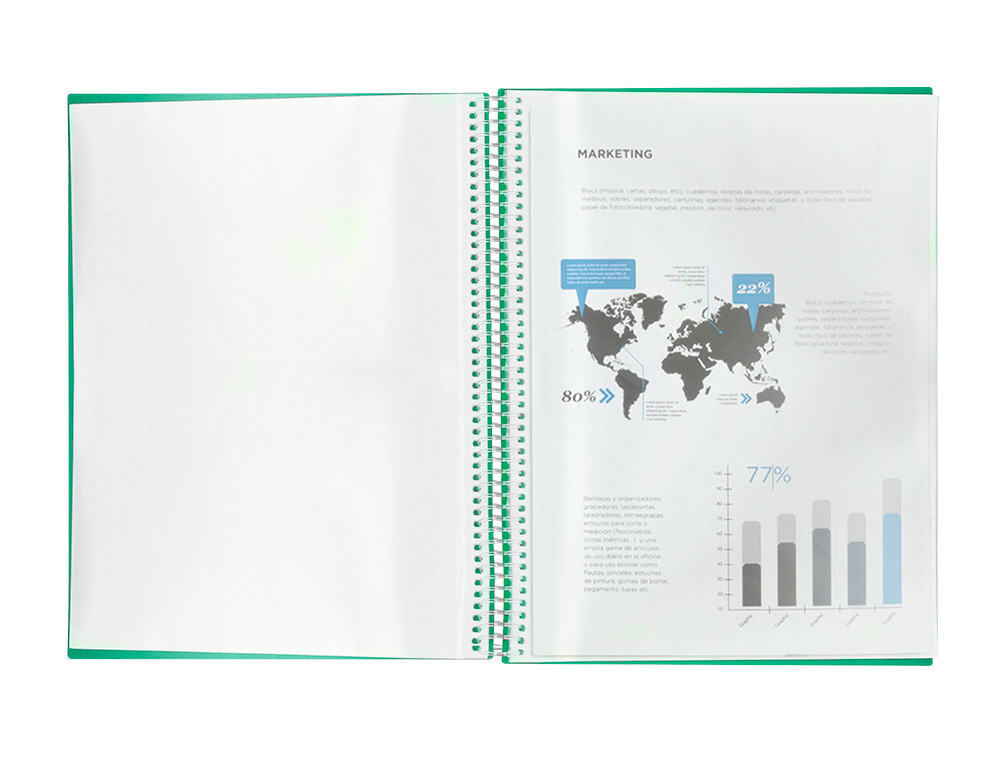 PROTGE-DOCUMENTS LIDERPAPEL POLYPROPYLNE COUVERTURE RIGIDE SPIRALE 30 POCHETTES FIXES A4 210X297MM COLORIS VERT