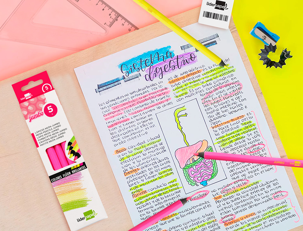 SURLIGNEUR LIDERPAPEL CRAYON DE COULEUR NÉON JUMBO MINE EXTRA-RÉSISTANTE FORME TRIANGULAIRE ERGONOMIQUE COLORIS ROSE