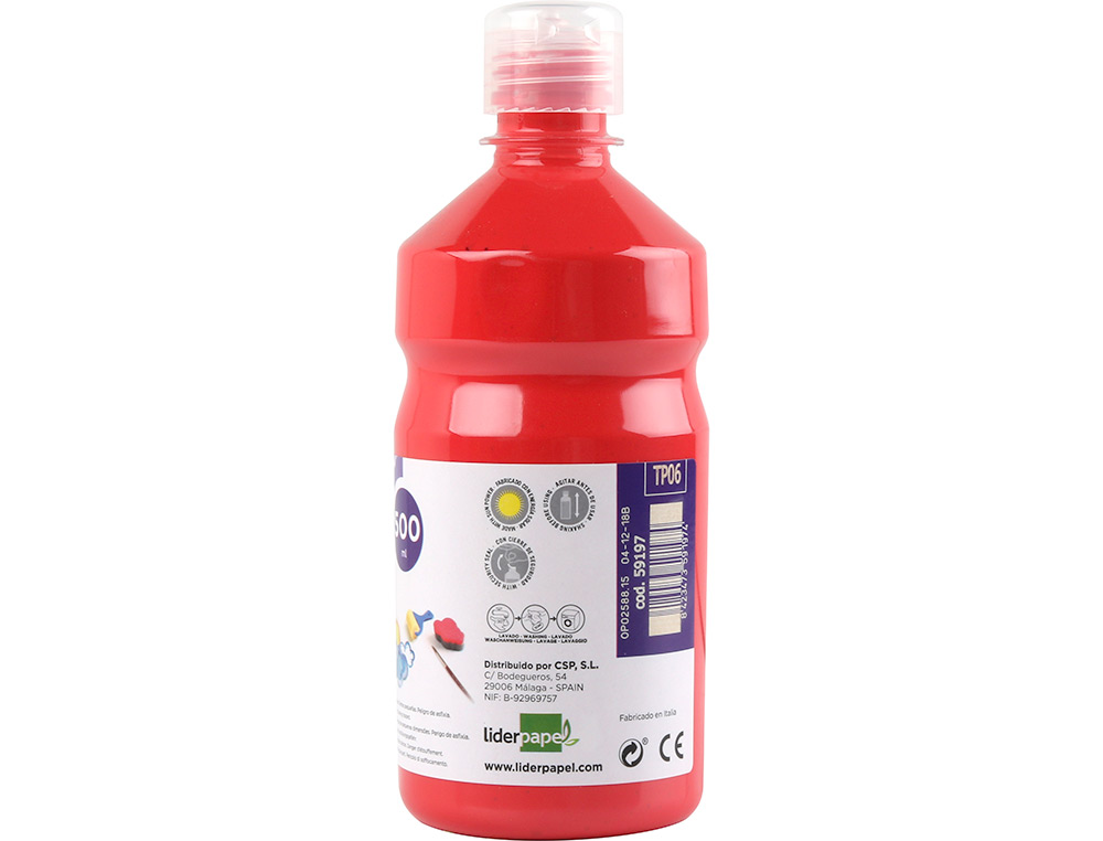GOUACHE SCOLAIRE LIDERPAPEL LIQUIDE LAVABLE FERMETURE SCURIT BRILLANTE COLORIS ROUGE FLACON 500ML
