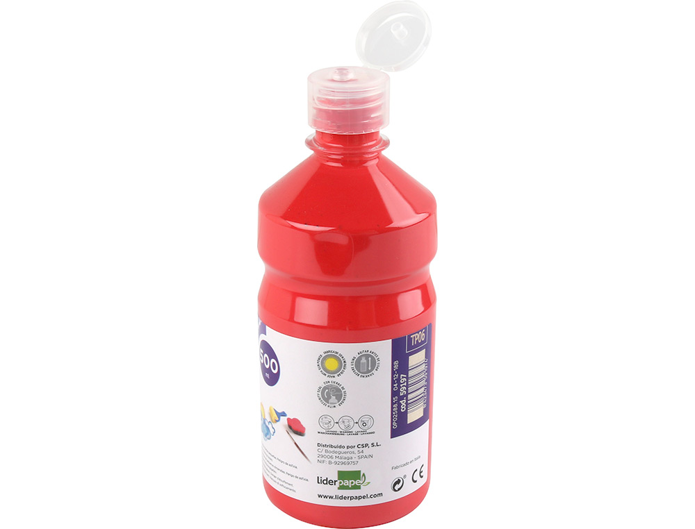 GOUACHE SCOLAIRE LIDERPAPEL LIQUIDE LAVABLE FERMETURE SCURIT BRILLANTE COLORIS ROUGE FLACON 500ML