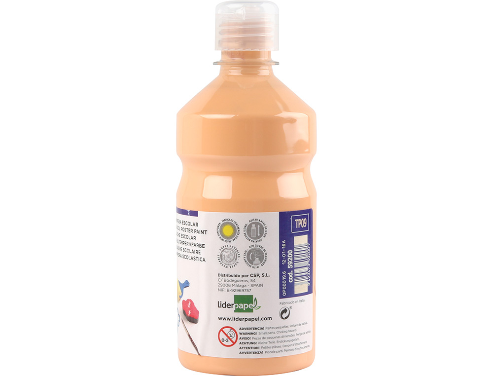 GOUACHE SCOLAIRE LIDERPAPEL LIQUIDE LAVABLE FERMETURE SCURIT BRILLANTE COLORIS CHAIR FLACON 500ML