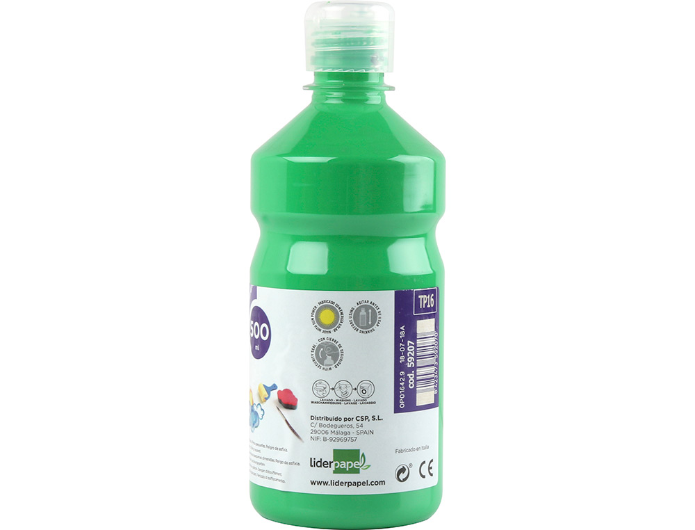 GOUACHE SCOLAIRE LIDERPAPEL LIQUIDE LAVABLE FERMETURE SCURIT BRILLANTE COLORIS VERT FLACON 500ML